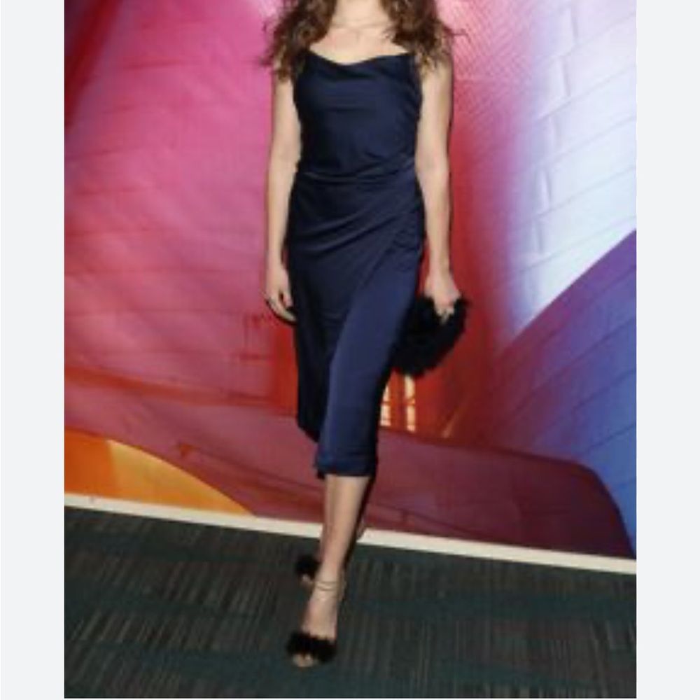 2Bella Satin Navy Blue Midi Dress Super Sexy in Size Small